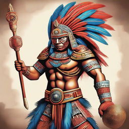 A detailed and vibrant illustration of a Mayan warrior, featuring traditional Mayan armor, weaponry, and a feathered headdress