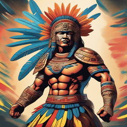 A detailed and vibrant illustration of a Mayan warrior, featuring traditional Mayan armor, weaponry, and a feathered headdress