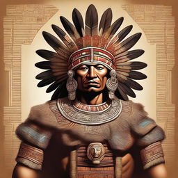 A detailed and majestic illustration of an Aztec king, adorned in regal attire with intricate patterns and a grand feathered headdress