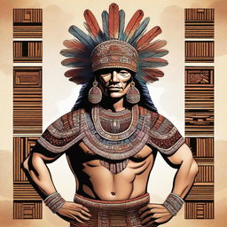 A detailed and majestic illustration of an Aztec king, adorned in regal attire with intricate patterns and a grand feathered headdress