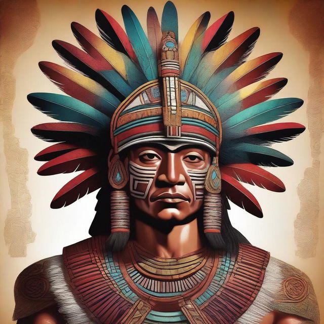 A detailed and majestic illustration of an Aztec king, adorned in regal attire with intricate patterns and a grand feathered headdress