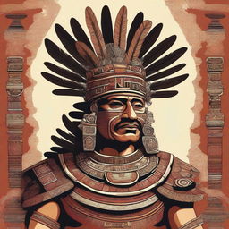 A detailed and majestic illustration of an Aztec king, adorned in regal attire with intricate patterns and a grand feathered headdress