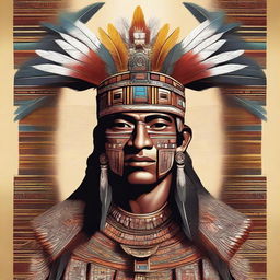 A detailed and majestic illustration of an Aztec king, adorned in regal attire with intricate patterns and a grand feathered headdress