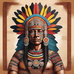 A detailed and majestic illustration of an Aztec king, adorned in regal attire with intricate patterns and a grand feathered headdress