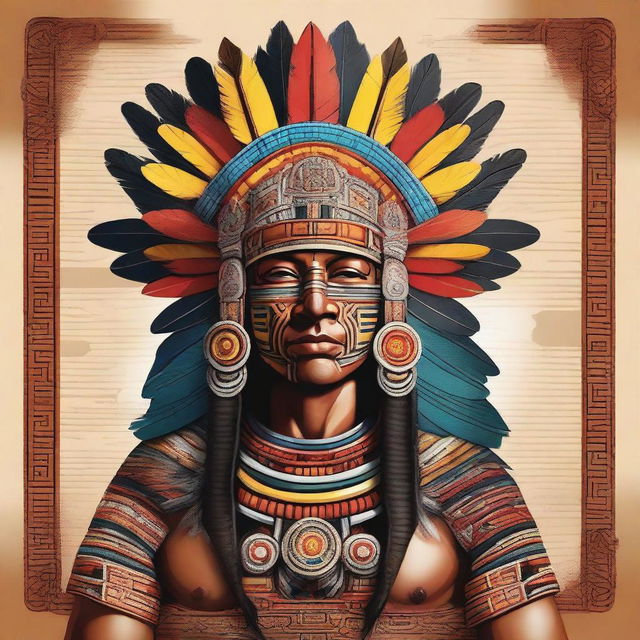 A detailed and majestic illustration of an Aztec king, adorned in regal attire with intricate patterns and a grand feathered headdress