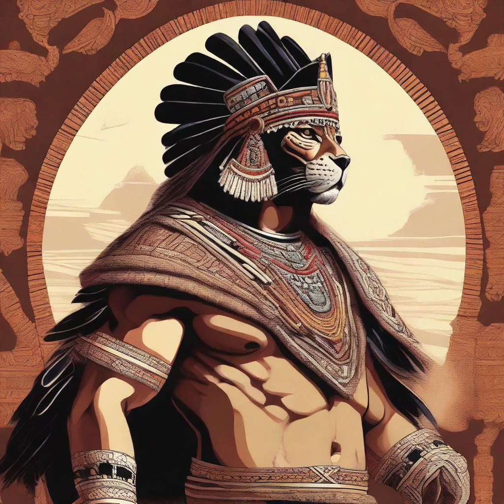 A detailed and majestic illustration of an Aztec king, adorned in regal attire with intricate patterns, a grand feathered headdress, and a jaguar pelt cape