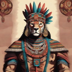 A detailed and majestic illustration of an Aztec king, adorned in regal attire with intricate patterns, a grand feathered headdress, and a jaguar pelt cape