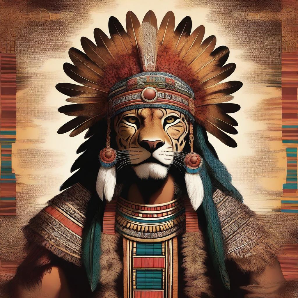 A detailed and majestic illustration of an Aztec king, adorned in regal attire with intricate patterns, a grand feathered headdress, and a jaguar pelt draped over his shoulders