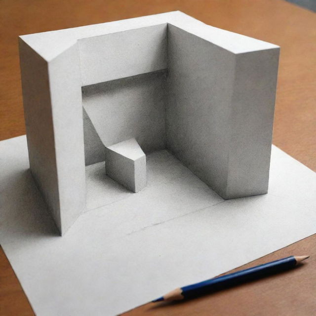 A 3D sketch drawn meticulously with a pencil, showcasing a depth and shading that create an illusion of three-dimensionality.