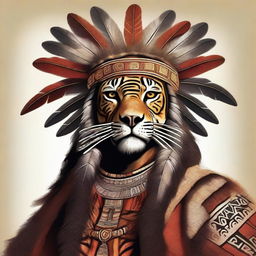 A detailed and majestic illustration of an Aztec king, adorned in regal attire with intricate patterns, a grand feathered headdress, and a jaguar pelt draped over his shoulders