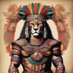 A detailed and majestic illustration of an Aztec king, adorned in regal attire with intricate patterns, a grand feathered headdress, and a jaguar pelt draped over his shoulders