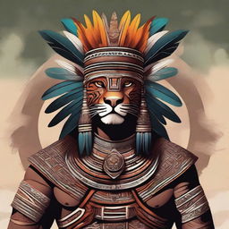 A detailed and majestic illustration of an Aztec king, adorned in regal attire with intricate patterns, a grand feathered headdress, and a jaguar pelt draped over his shoulders