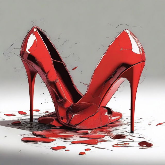 A detailed illustration of a pair of broken red high heel shoes