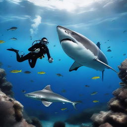 A scuba diver swimming underwater being chased by a large shark