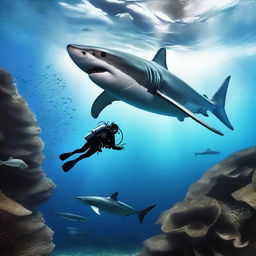 A scuba diver swimming underwater being chased by a large shark