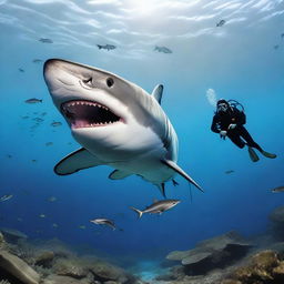 A scuba diver swimming underwater being chased by a large shark