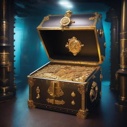 A treasure chest overflowing with gold coins and jewels inside a submarine