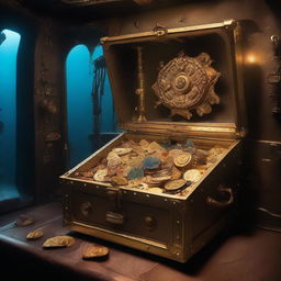 A treasure chest overflowing with gold coins and jewels inside a submarine