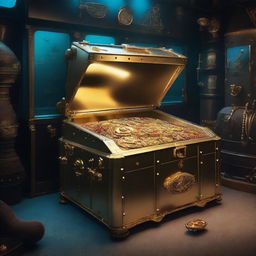 A treasure chest overflowing with gold coins and jewels inside a submarine