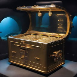 A treasure chest overflowing with gold coins and jewels inside a submarine