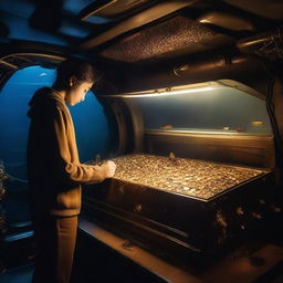 A person discovering a treasure chest overflowing with gold coins and jewels inside a submarine