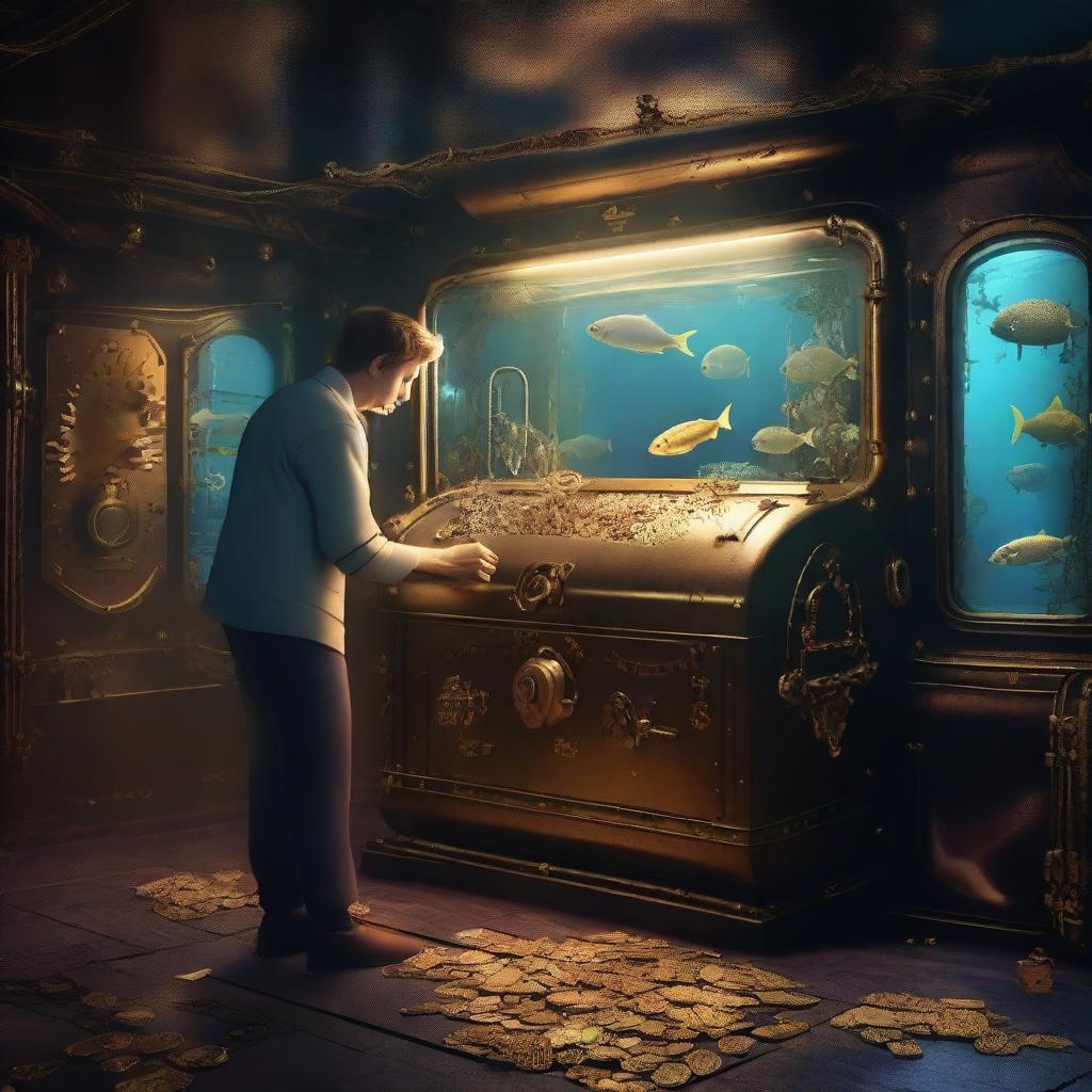 A person discovering a treasure chest overflowing with gold coins and jewels inside a submarine