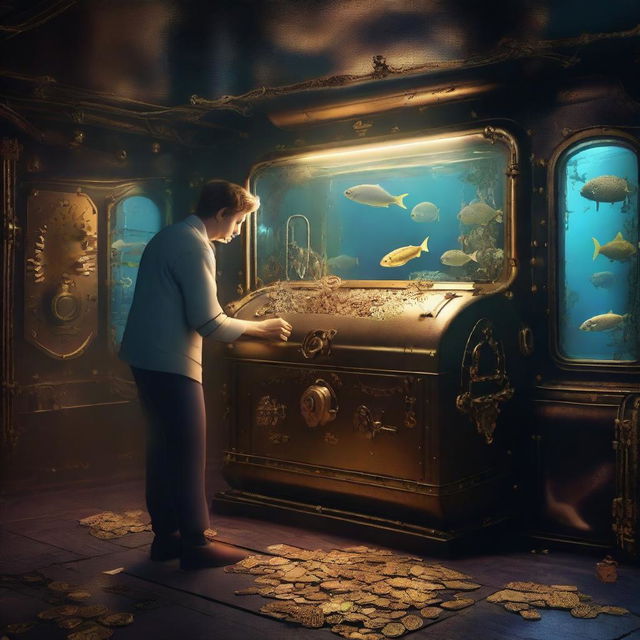 A person discovering a treasure chest overflowing with gold coins and jewels inside a submarine