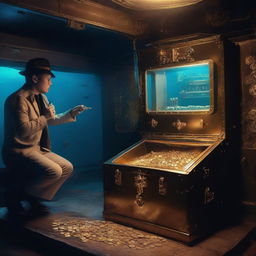 A person discovering a treasure chest overflowing with gold coins and jewels inside a submarine