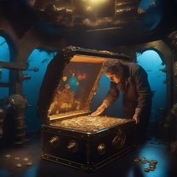 A person discovering a treasure chest overflowing with gold coins and jewels inside a submarine