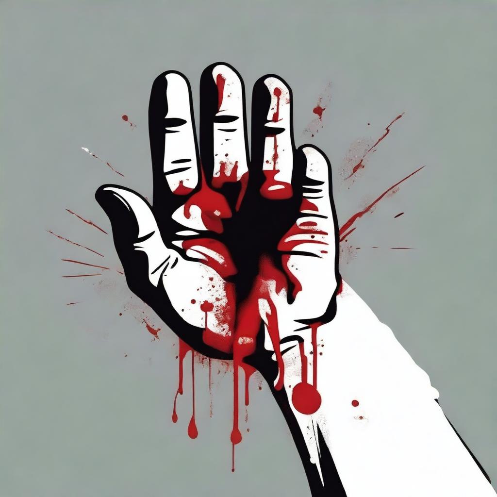 A striking and intense illustration of a fisted hand with blood dripping from it