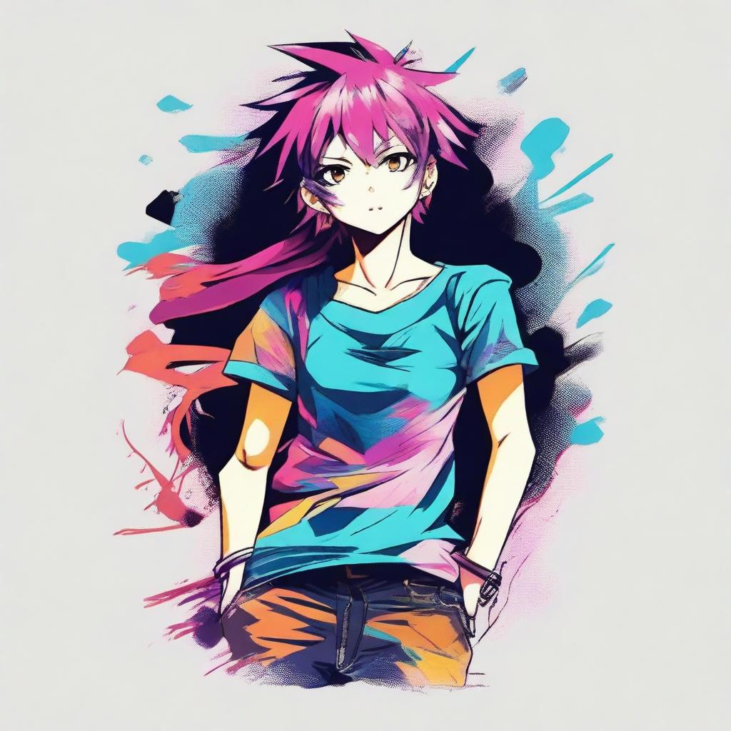 A stylish t-shirt design featuring a vibrant and detailed anime character