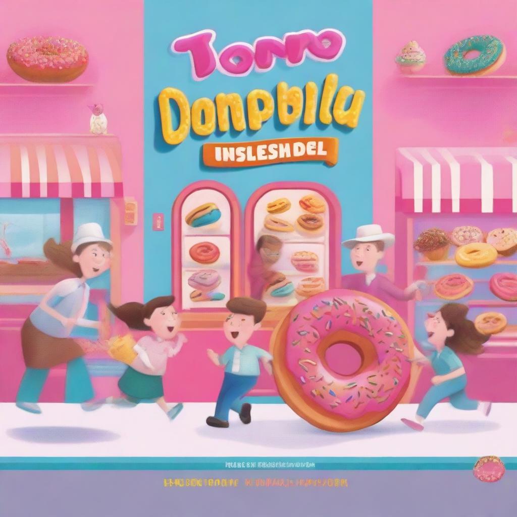 An e-book cover for 'Donutopia Unleashed': A humorous illustration of a donut shop or bakery, with donuts from around the world and treats flying out of the door and people running to catch them