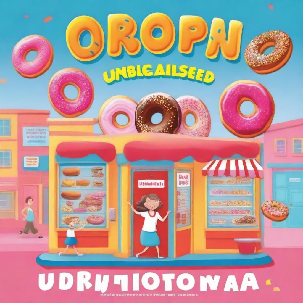 An e-book cover for 'Donutopia Unleashed': A humorous illustration of a donut shop or bakery, with donuts from around the world and treats flying out of the door and people running to catch them