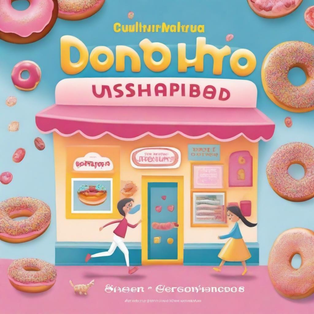An e-book cover for 'Donutopia Unleashed': A humorous illustration of a donut shop or bakery, with donuts from around the world and treats flying out of the door