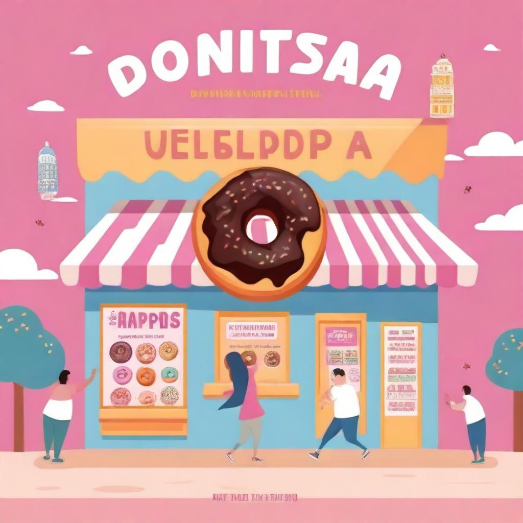 An e-book cover for 'Donutopia Unleashed': A humorous illustration of a donut shop or bakery, with donuts from around the world and treats flying out of the door