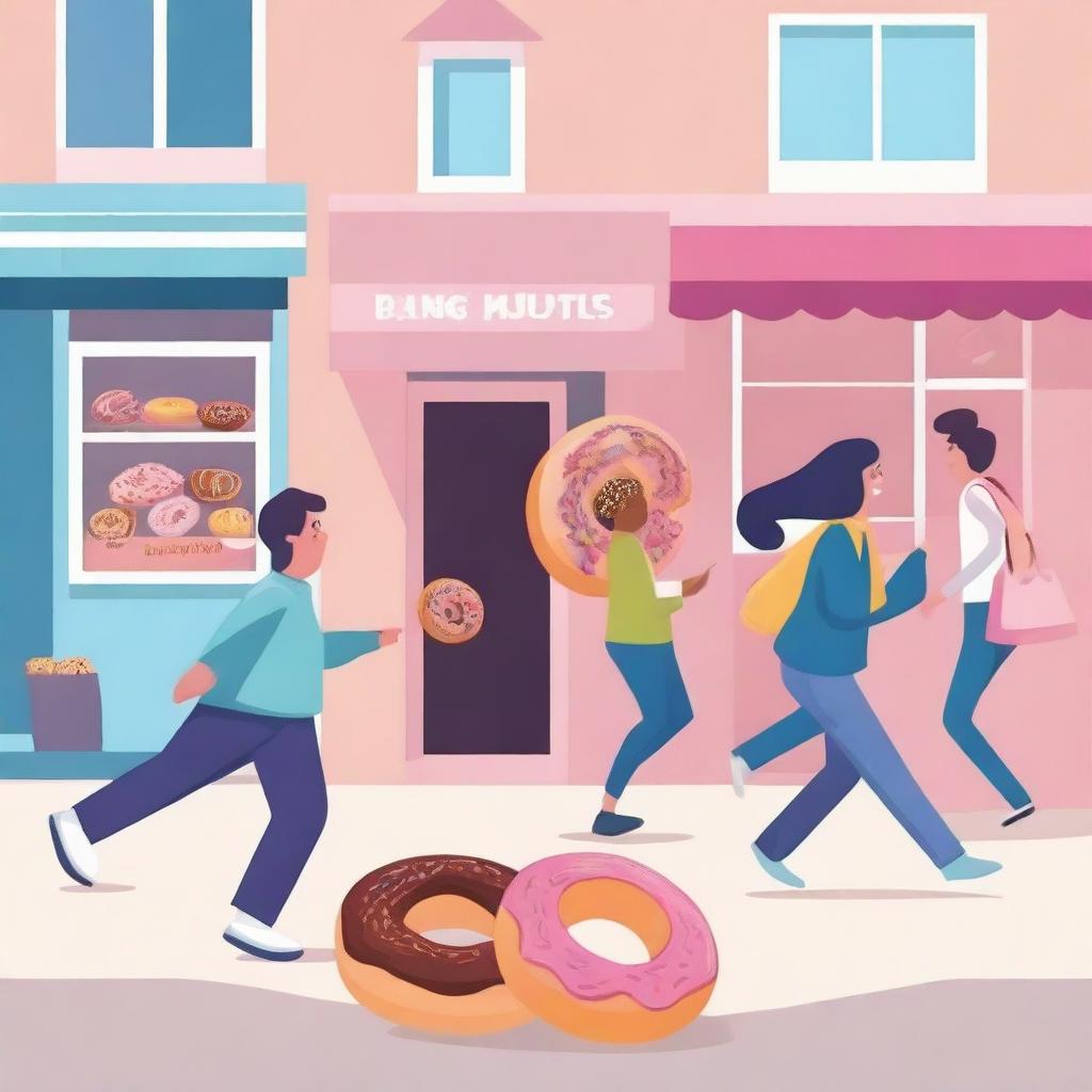 A variety of doughnuts running out the door of a shop and going down the street with people trying to catch them