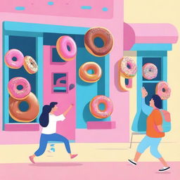 A variety of doughnuts running out the door of a shop and going down the street with people trying to catch them