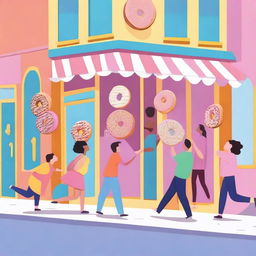 A variety of doughnuts running out the door of a shop and going down the street with people trying to catch them