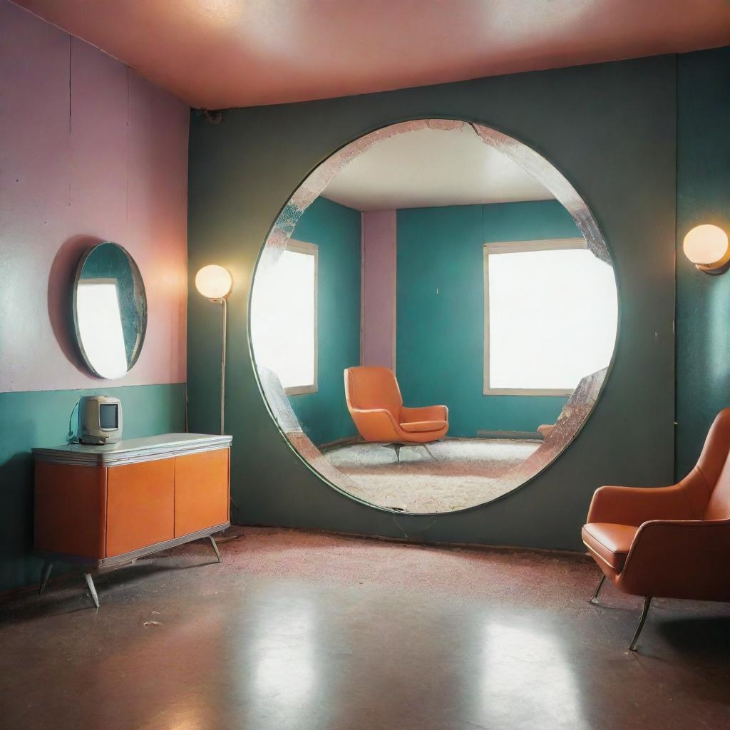 A retro-futuristic room in the style of vintage sci-fi with a nostalgic hue. A broken mirror stands at the center, reflecting a vibrant homely past hinting at the once-inhabiting family.