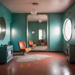 A retro-futuristic room in the style of vintage sci-fi with a nostalgic hue. A broken mirror stands at the center, reflecting a vibrant homely past hinting at the once-inhabiting family.