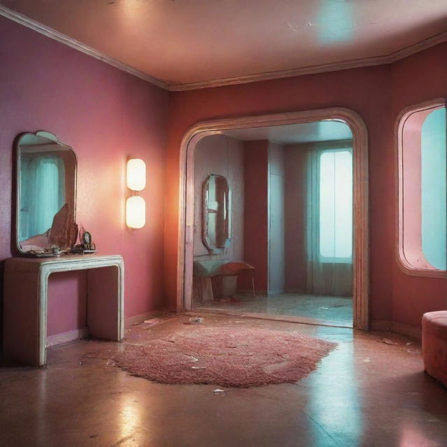 A retro-futuristic room in the style of vintage sci-fi with a nostalgic hue. A broken mirror stands at the center, reflecting a vibrant homely past hinting at the once-inhabiting family.