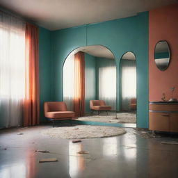 A retro-futuristic room in the style of vintage sci-fi with a nostalgic hue. A broken mirror stands at the center, reflecting a vibrant homely past hinting at the once-inhabiting family.