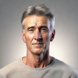 A detailed and realistic portrait of a man with a neutral expression, wearing casual clothes, and standing against a plain background