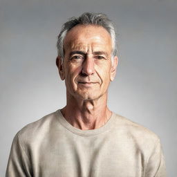 A detailed and realistic portrait of a man with a neutral expression, wearing casual clothes, and standing against a plain background