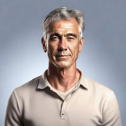 A detailed and realistic portrait of a man with a neutral expression, wearing casual clothes, and standing against a plain background