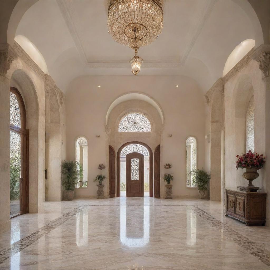 A luxurious, innovative villa entrance hall combining Lebanese antiquity and Spanish flair in a neo-classic design. Features an 8-meter high ceiling and a 3-meter vaulted glass section.