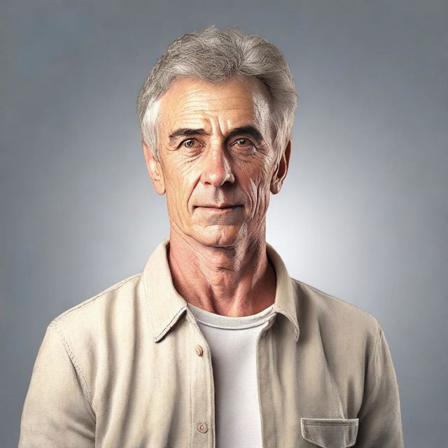 A detailed and realistic portrait of a man with a neutral expression, wearing casual clothes, and standing against a plain background