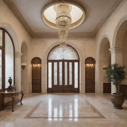 A luxurious, innovative villa entrance hall combining Lebanese antiquity and Spanish flair in a neo-classic design. Features an 8-meter high ceiling and a 3-meter vaulted glass section.