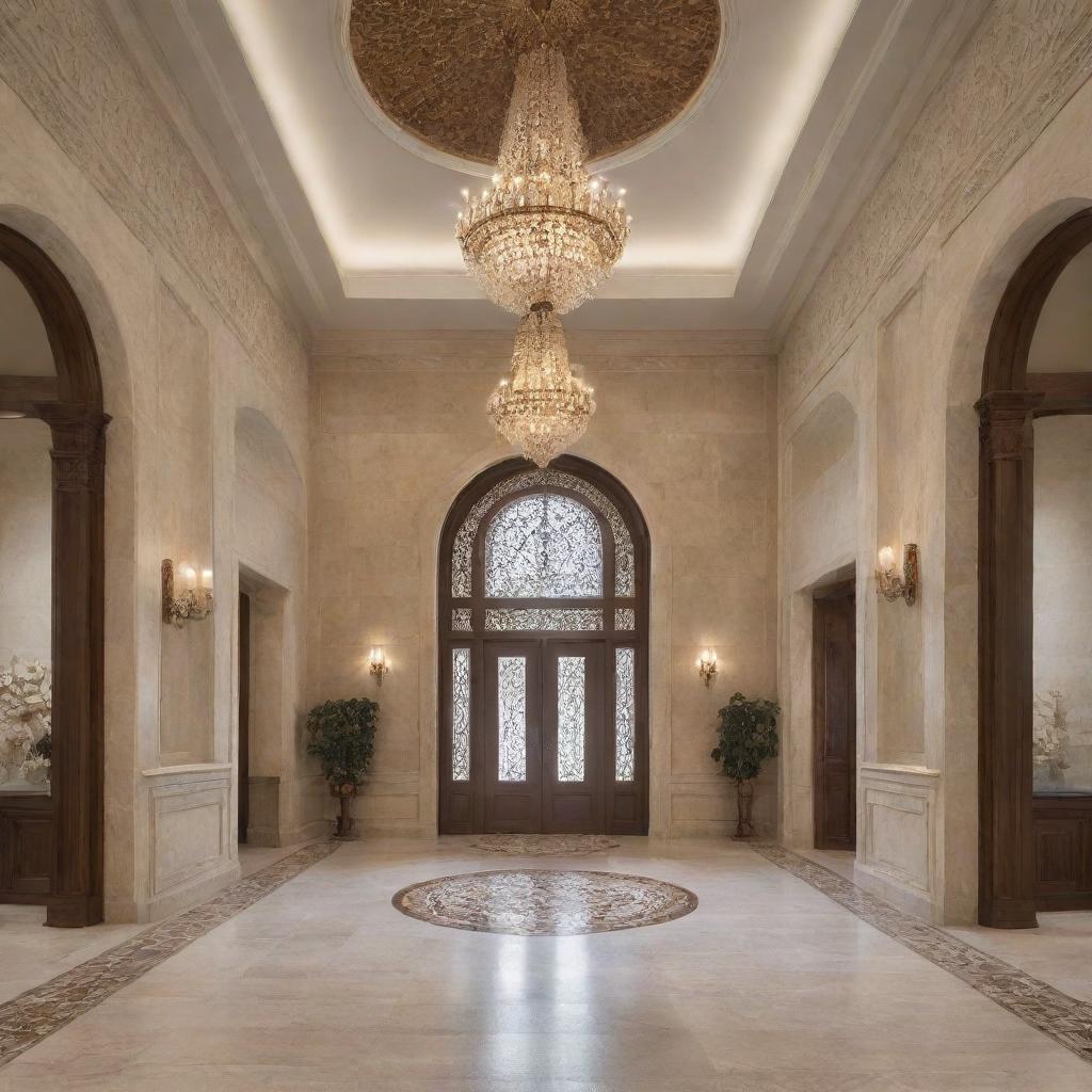 A luxurious, innovative villa entrance hall combining Lebanese antiquity and Spanish flair in a neo-classic design. Features an 8-meter high ceiling and a 3-meter vaulted glass section.