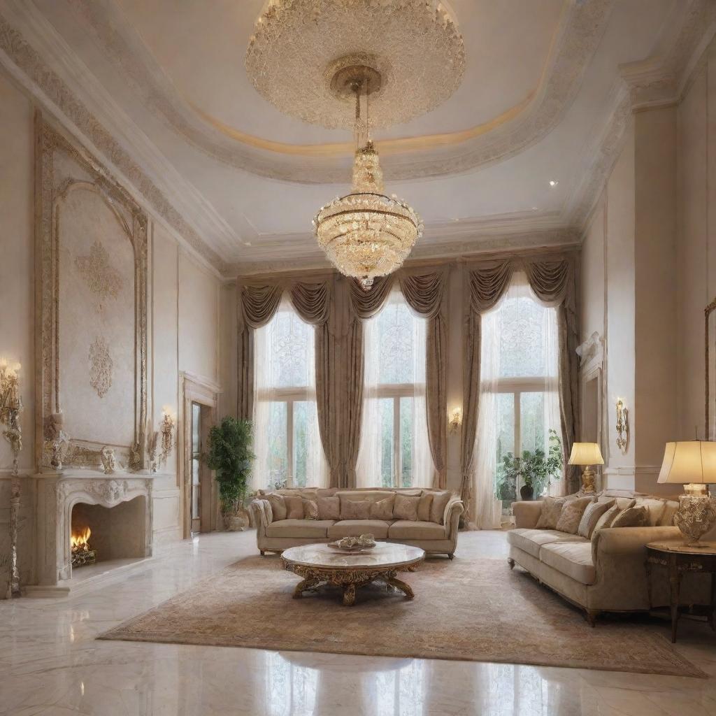 Amend the previous design to be more extravagant. Retain the unique blend of Lebanese and Spanish styles in a neoclassic approach, with an 8-meter high ceiling and 3-meter vaulted glass, but augment opulence.